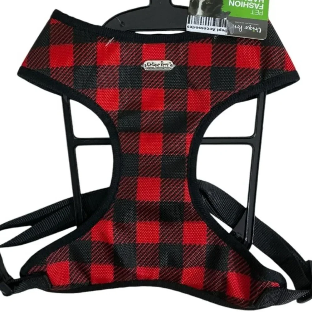 Unique Petz Dog Large Harness Red Black Tartan Plaid Comfy Adjustable SZ L